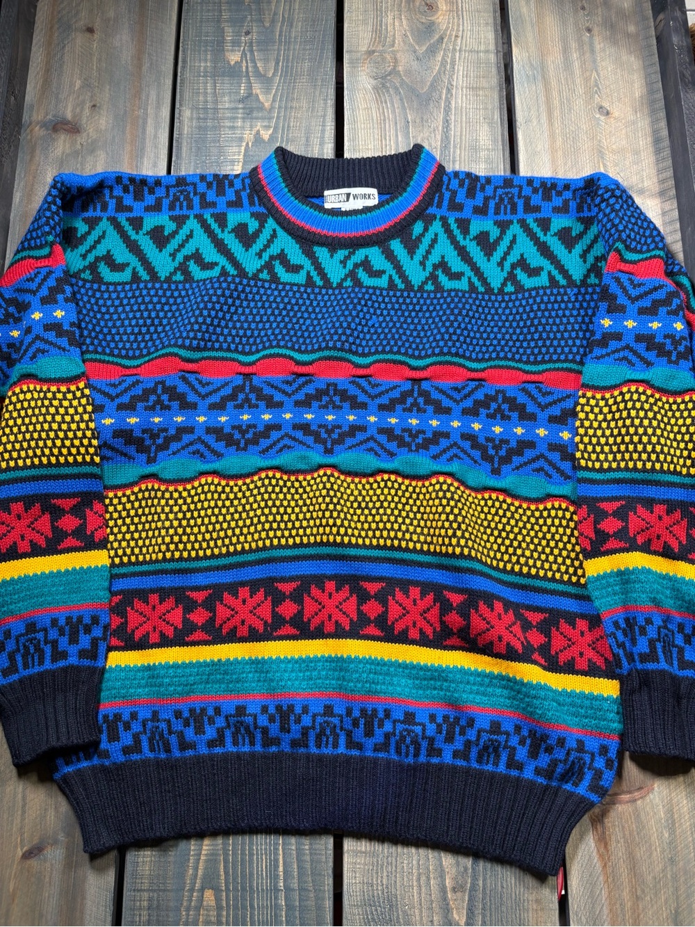Vintage 90’s Urban Works Geometric Coogi Style Knit Sweater Multicolor